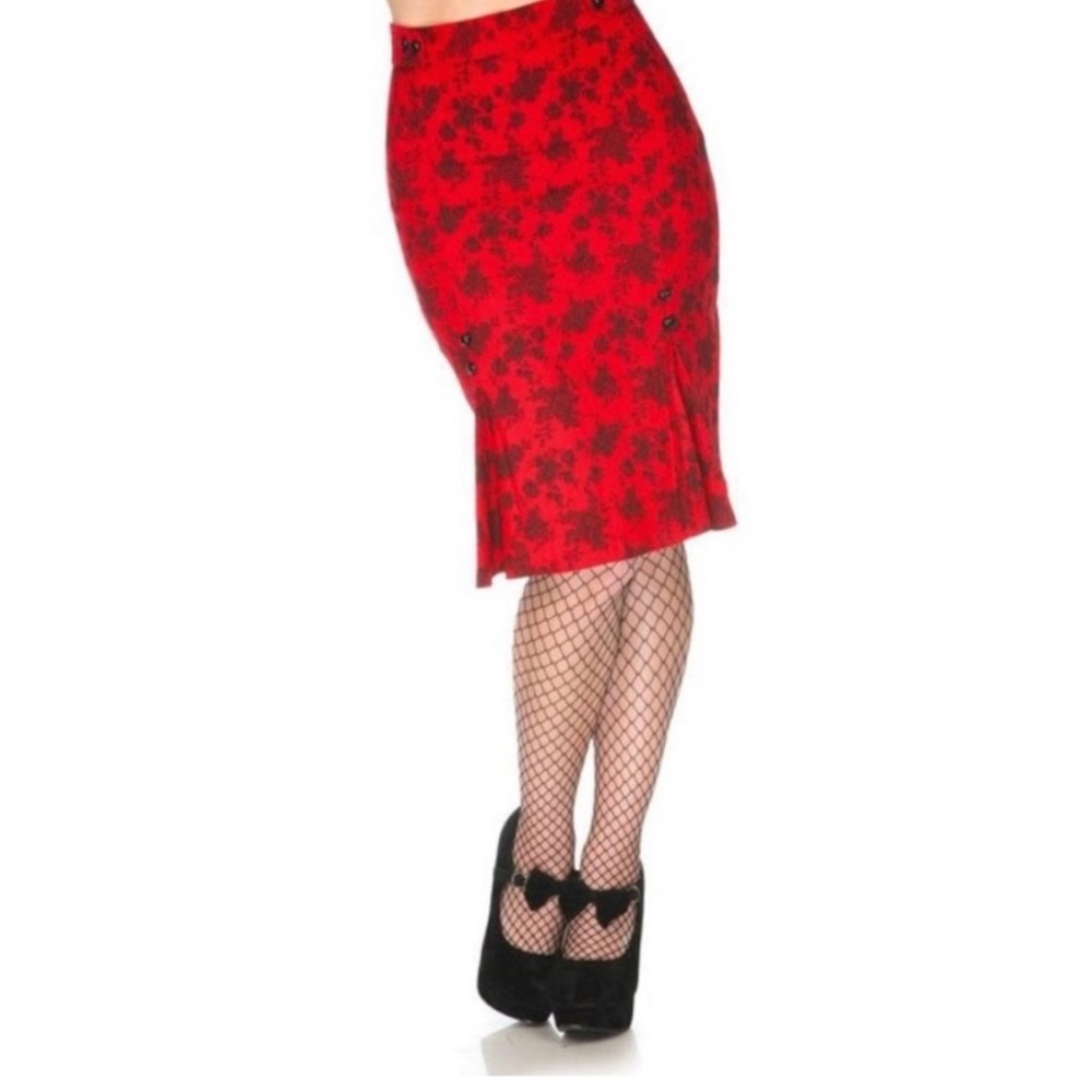 Voodoo Vixen Stretch Rose Print, Red Skirt with HeartButtons Wiggle Pencil Skirt